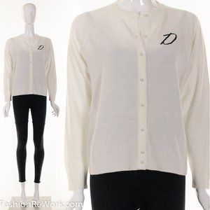 Vintage Retro White Cashmere Cardigan Initial D Monogrammed Sweater 50s vintage